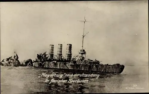 Foto Ak Deutsches Kriegsschiff SMS Magdeburg, Zerstörung I. WK