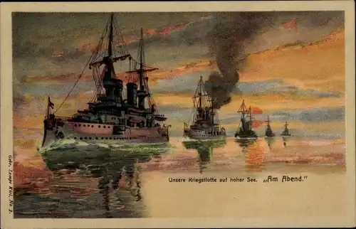 Litho Deutsche Kriegsschiffe, Kriegsflotte auf hoher See, Am Abend, Kaiserliche Marine