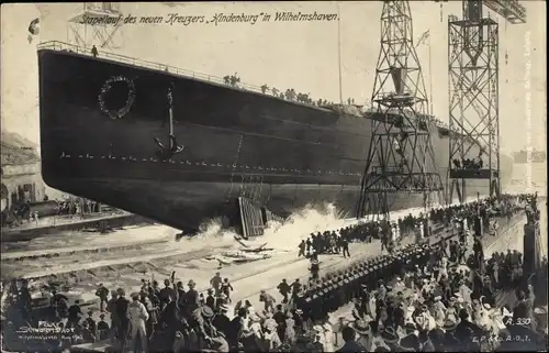 Künstler Ak Schwormstädt, Wilhelmshaven, Stapellauf des Kreuzers SMS Hindenburg, Kaiserliche Marine