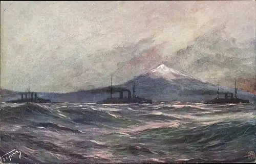 Künstler Ak Russische Kriegsschiffe Admiral Makarow, Slawa, Zessarewitsch, Messina 1908
