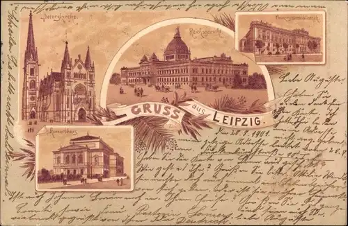 Litho Leipzig in Sachsen, Peterskirche, Konzerthaus, Reichsgericht, Bibliothek