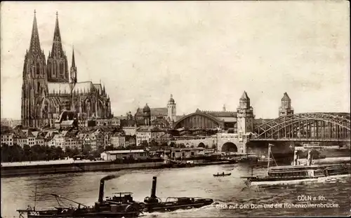 Ak Köln am Rhein,  Dom und Hohenzollernbrücke, Dampfer
