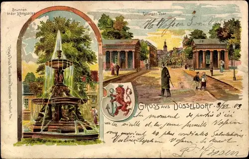 Litho Düsseldorf am Rhein, Ratinger Thor, Brunnen in der Königsallee