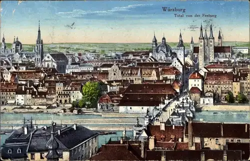 Ak Würzburg am Main Unterfranken, Totalansicht von der Festung aus, Brücke
