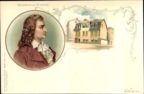 Künstler Litho Weimar in Thüringen, Portrait Friedrich von Schiller, Geburtshaus