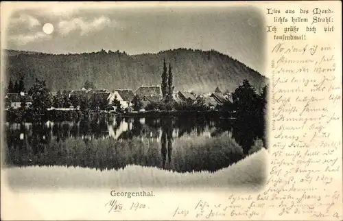 Mondschein Ak Georgenthal, Blick übers Wasser auf den Ort