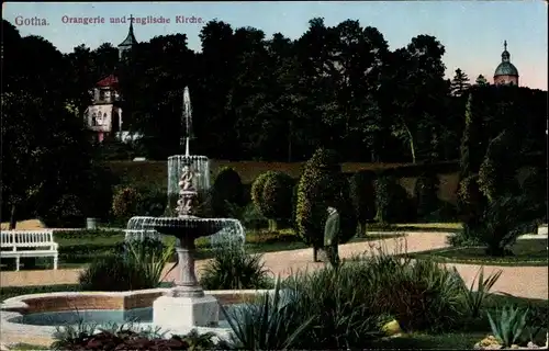 Ak Gotha Thüringen, Orangerie und englische Kirche, Fontäne