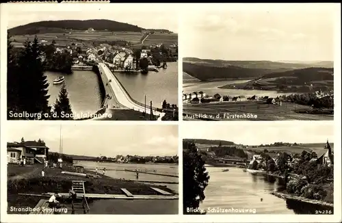 Ak Saalburg in Thüringen, Ausblick v. d. Fürstenhöhe, Strandbad, Saaletalsperre