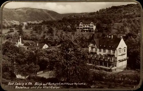 Ak Bad Salzig Boppard am Rhein, Kurhotel mit Haus Helvetia, Badehaus und Rheinberge