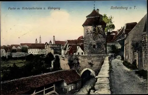 Ak Rothenburg ob der Tauber Mittelfranken, Partie m. Kobolzellerturm u. Wehrgang