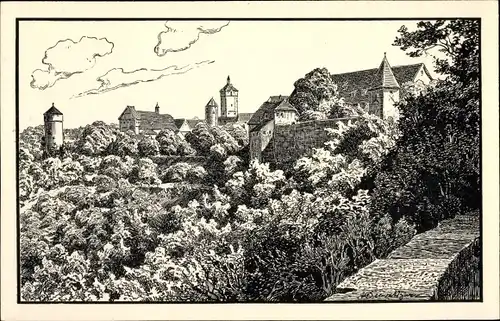 Künstler Ak Rothenburg o. Tauber, Blick vom Burggarten auf den Ort