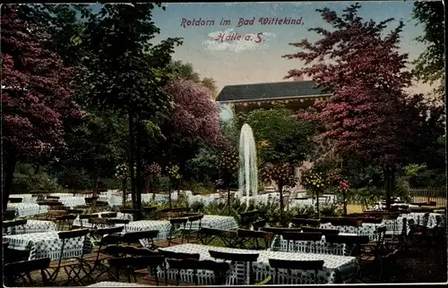 Ak Halle an der Saale, Rotdorn im Bad Wittekind, Springbrunnen