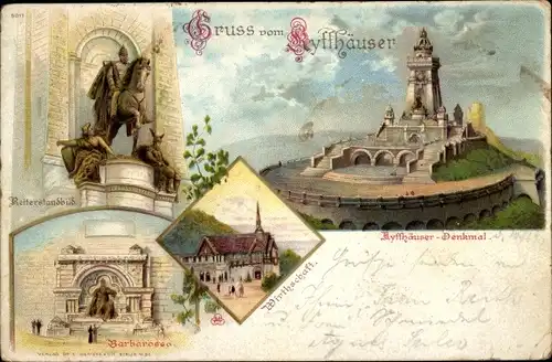 Litho Steinthaleben Kyffhäuserland, Denkmal, Barbarossa und Reiterstandbild, Wirtschaft