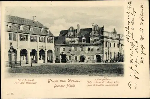 Ak Dessau in Sachsen Anhalt, Großer Markt, Adlerapotheke, Fürst Leopold Denkmal