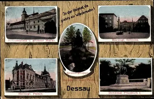 Ak Dessau in Sachsen Anhalt, Bronzegruppe Heimkehr vom Feld, Schlossplatz u. großer Markt, Schloss