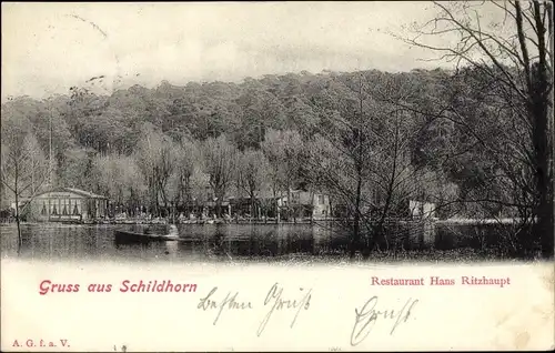 Ak Berlin Wilmersdorf Grunewald Schildhorn, Restaurant Hans Ritzhaupt, Uferansicht