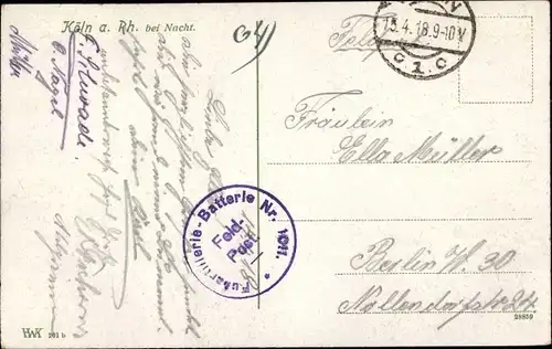 Dt. Feldpost, Truppenstempel, Fußartillerie Batterie Nr. 1011, I WK