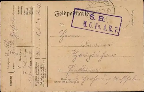 Dt. Feldpost, Truppenstempel, SB M. C. Fußartillerie Regiment 7, 9. Armeekorps, I WK