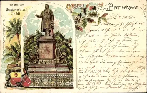Litho Bremerhaven, Denkmal des Bürgermeisters Smidt, Wappen