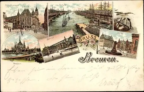 Litho Hansestadt Bremen, Hafen, Segelschiffe, Gericht, Markt, Parkhaus, Bahnhof