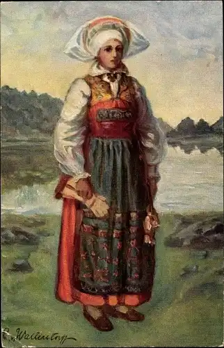 Künstler Ak Frau in schwedischer Tracht, Österaker, Södermanland