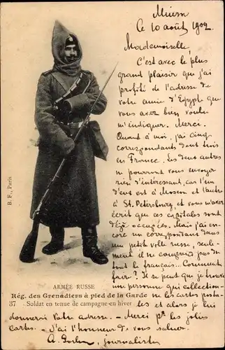 Ak Armee Russe, Reg. des Grenadiers, Soldat en tenue de campagne en hiver, Russischer Soldat