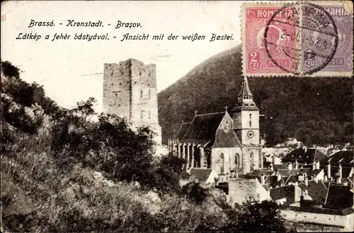 Ak Brașov Brassó Kronstadt Rumänien, Blick auf den Ort mit der weißen Bastei