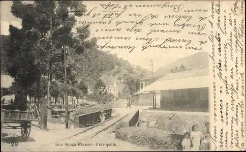 Ak Petrópolis Brasilien, Ortsansicht, Brücke, Passanten, Fuhrwerk