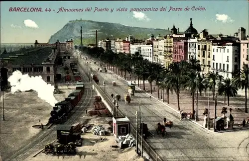 Ak Barcelona Katalonien Spanien, Almacenes del Puerto y vista panoramica del Paseo del Colon