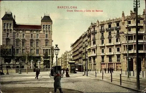 Ak Barcelona Katalonien Spanien, Cruce Gran via y Valle de Balmes, Passanten