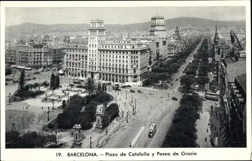 Ak Barcelona Katalonien Spanien, Plaza Cataluna y Paseo de Gracia