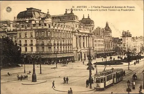 Ak Antwerpen Anvers Flandern, L'Opera Flamand et Avenue de France, Straßenbahn 456