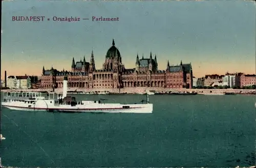 Ak Budapest Ungarn, Flussblick zum Parlament, Orszaghaz, Salondampfer
