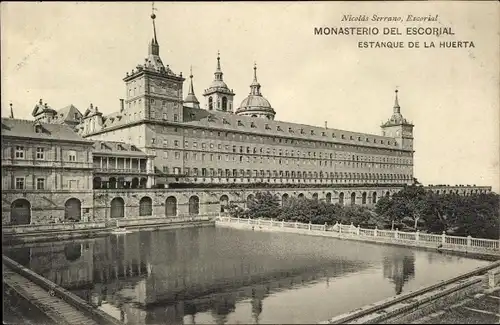 Ak San Lorenzo de El Escorial Madrid, Monasterio, Estanque de la Huerta