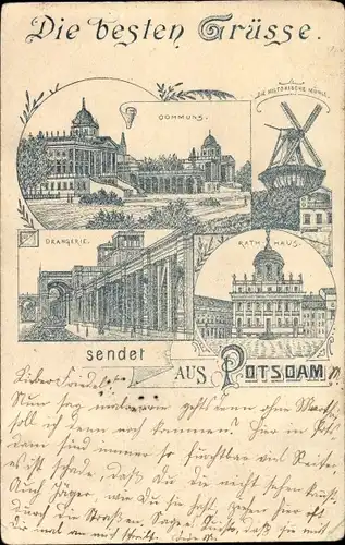 Litho Potsdam in Brandenburg, Histor. Mühle, Orangierie, Rathaus, Communs