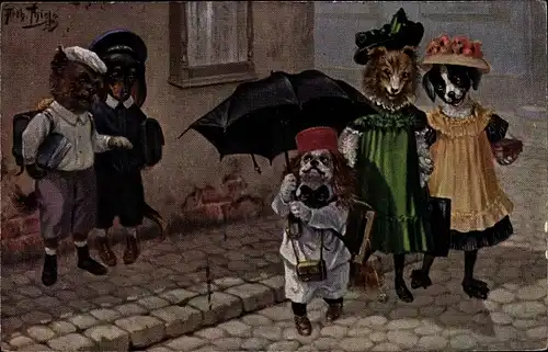 Künstler Ak Thiele, Arthur, Vermenschlichte Hunde, Dackel, Schulkinder