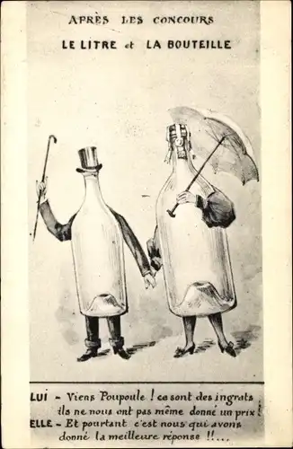 Künstler Ak Apres les Concours, le Litre et la Bouteille, zwei leere Flaschen