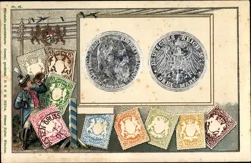 Passepartout Präge Briefmarken Litho Postbote, Münzen, Drei Mark, Prinzregent Luitpold von Bayern