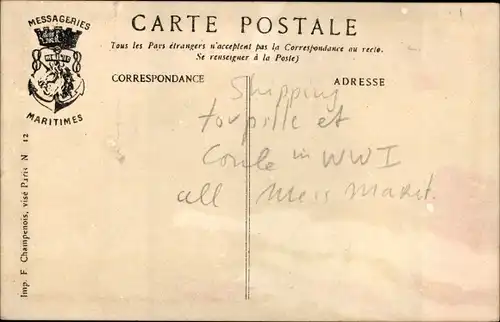 Künstler Ak Dampfschiff Ville de la Ciotat, Messageries Maritimes, MM, Torpille 1915