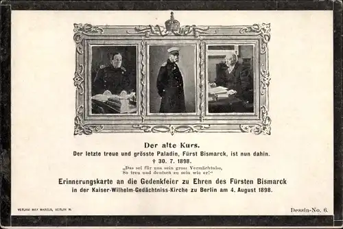 Passepartout Ak Fürst Otto von Bismarck, Trauerkarte, Gedenkfeier Kaiser Wilhelm Gedächtniskirche