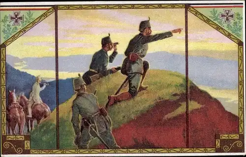 Künstler Ak Deutsche Soldaten, Jäger auf einem Aussichtsposten