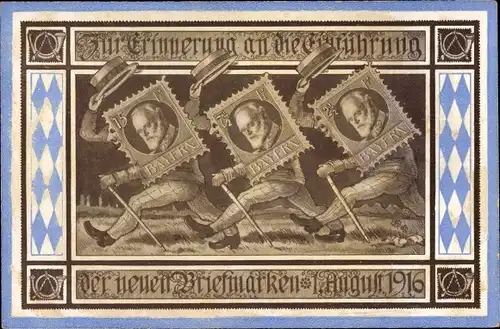Briefmarken Ak Einführung der neuen Briefmarken 1916, Königreich Bayern