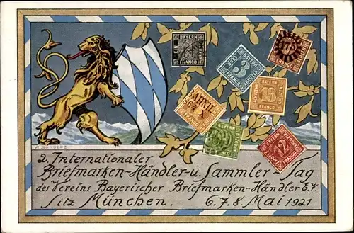 Briefmarken Ak Briefmarken Händler und Sammler Tag 1921, München, Wappen