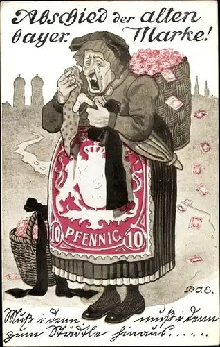 Künstler Briefmarken Ak Engelhard, P.O.E., Abschied der alten bayerischen Marke