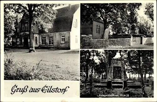 Ak Eilstorf Walsrode im Heidekreis, Kriegerdenkmal, Volksschule, Gasthaus W. Meyer