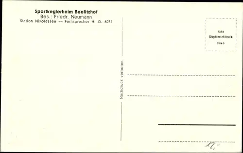 Ak Berlin Zehlendorf Nikolassee, Restaurant Beelitzhof, Sportkeglerheim, Inh. Friedr. Neumann