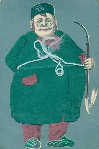 Stoff Ak Mann mit Stabpfeife, Pantoffeln, Morgenmantel, Kordel
