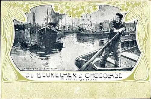Jugendstil Passepartout Ak Antwerpen Anvers Flandern, Hafenpartie, De Beukelaer, Reklame