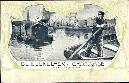 Jugendstil Passepartout Ak Antwerpen Anvers Flandern, Hafenpartie, De Beukelaer, Reklame