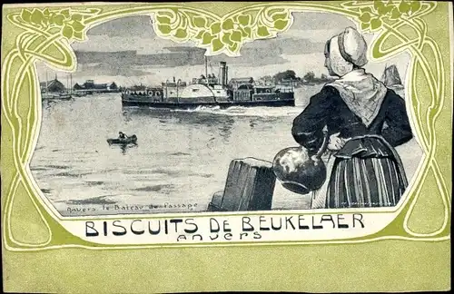 Jugendstil Passepartout Ak Antwerpen Anvers Flandern, Hafenpartie, De Beukelaer, Reklame